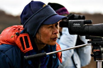 woman looking through scope