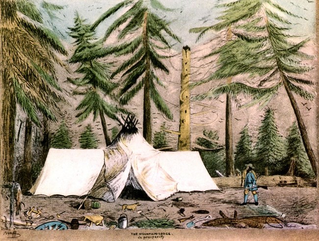 Color (pastels) drawing of Bruff’s camp depicting a large, teepee-like structure with an A-frame wing tent adjoining on each side.