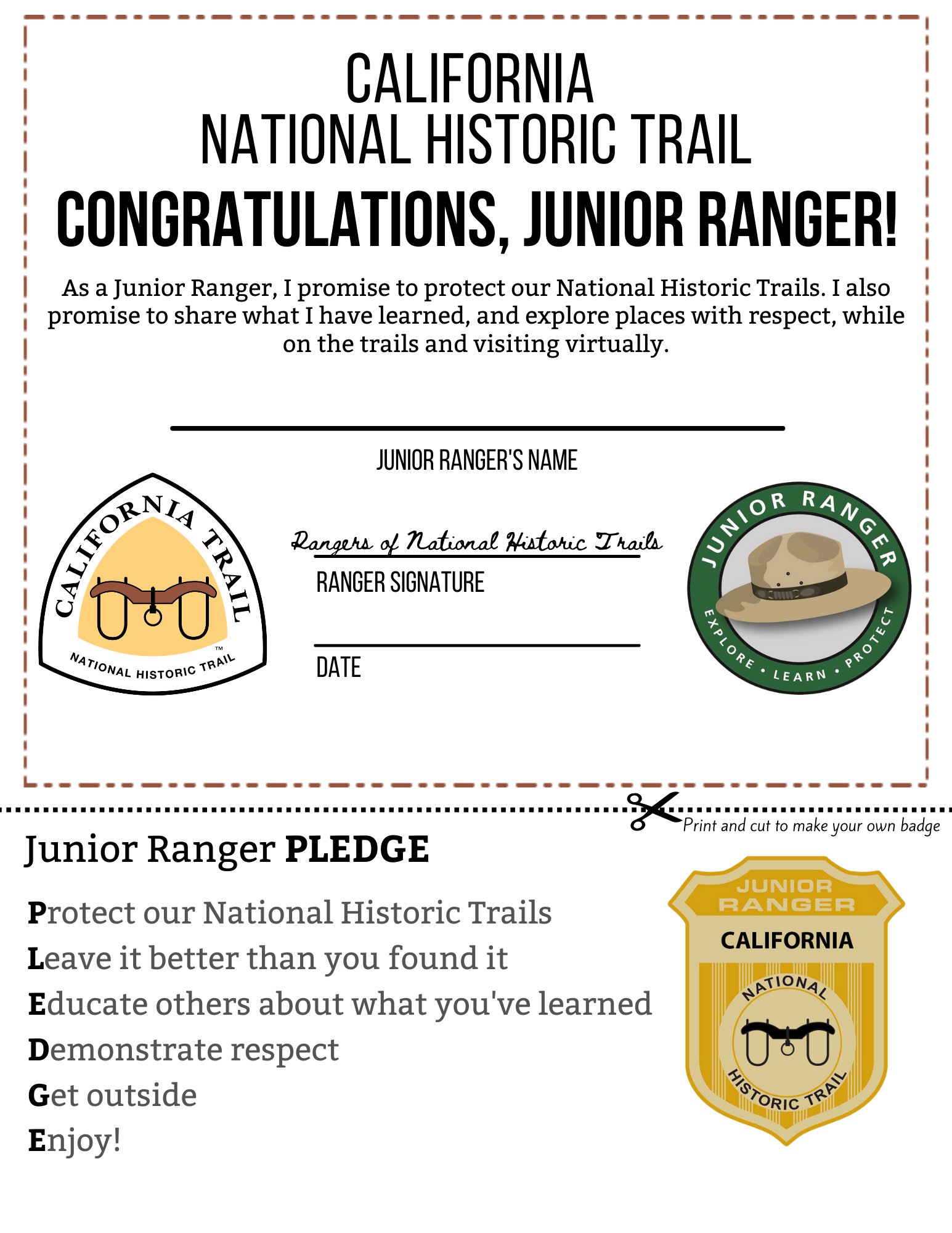 A certificate that includes a junior ranger badge for students.