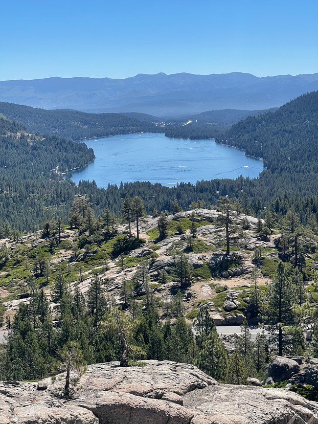 lt= Foreground consists of rounded exposures of gray-brown granite, separated at intervals by groves of tall pines. Middle ground is a deep blue, irregularly shaped lake surrounded by dense pine forest. Background is a line of blue-gray mountains.