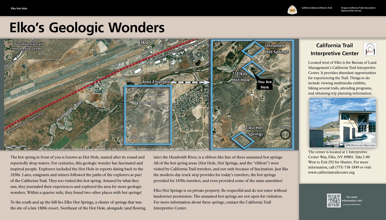 An exhibit panel depicting a map of the Elko Nevada area and the location of the exhibit and hot holes.