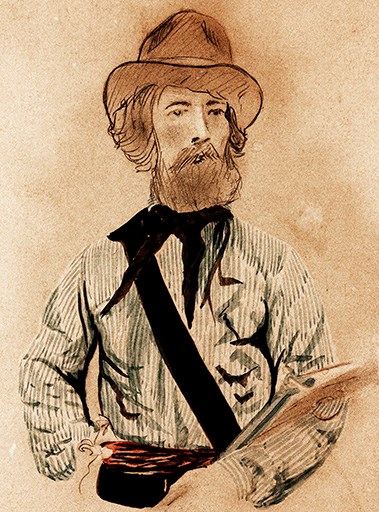 Illustration of a self portrait of a Californian goldminer.