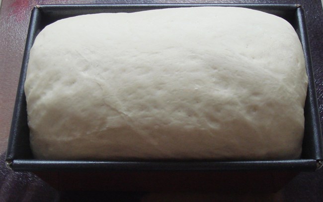 Risen bread dough in a rectangular tin pan.