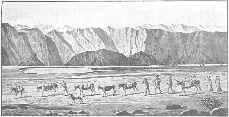 Black and white engraving of a line of people and livestock marching single file right to left across a flat plain.