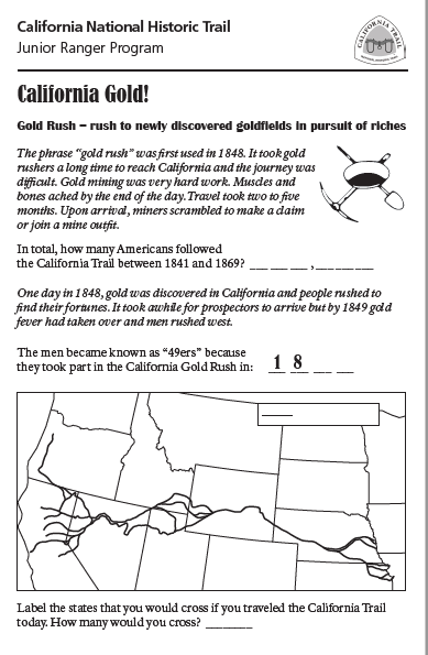 The cover of the california trail junior ranger booklet, with the title and the map of the United States, depicting the trail route from Missouri to California.