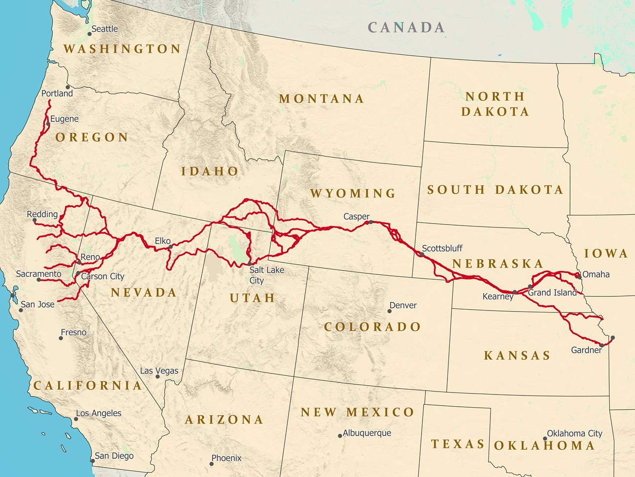 A map of the united states, depicting a trail from Missouri to California.