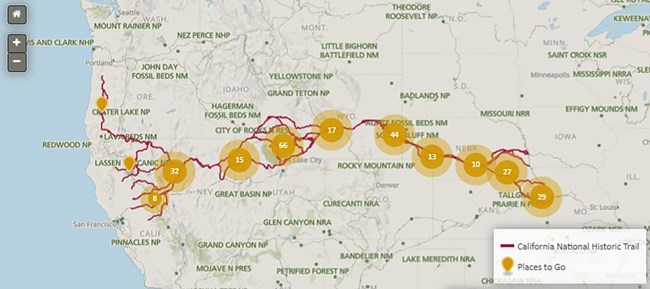 A map of the United States with a trail from the midwest to California