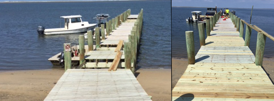 Two images of the same wooden dock, on the left the dock is damaged and on the right it is repaired.