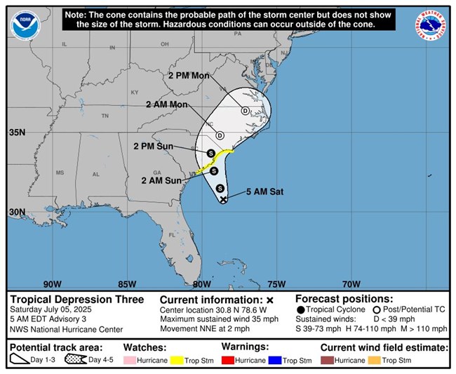 NOAA graphic os Tropical Depression three moving from South Carolina to Coastal North Carolina.