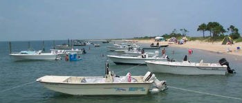 Boats anchored offshore at Cape Lookout National Seashore.