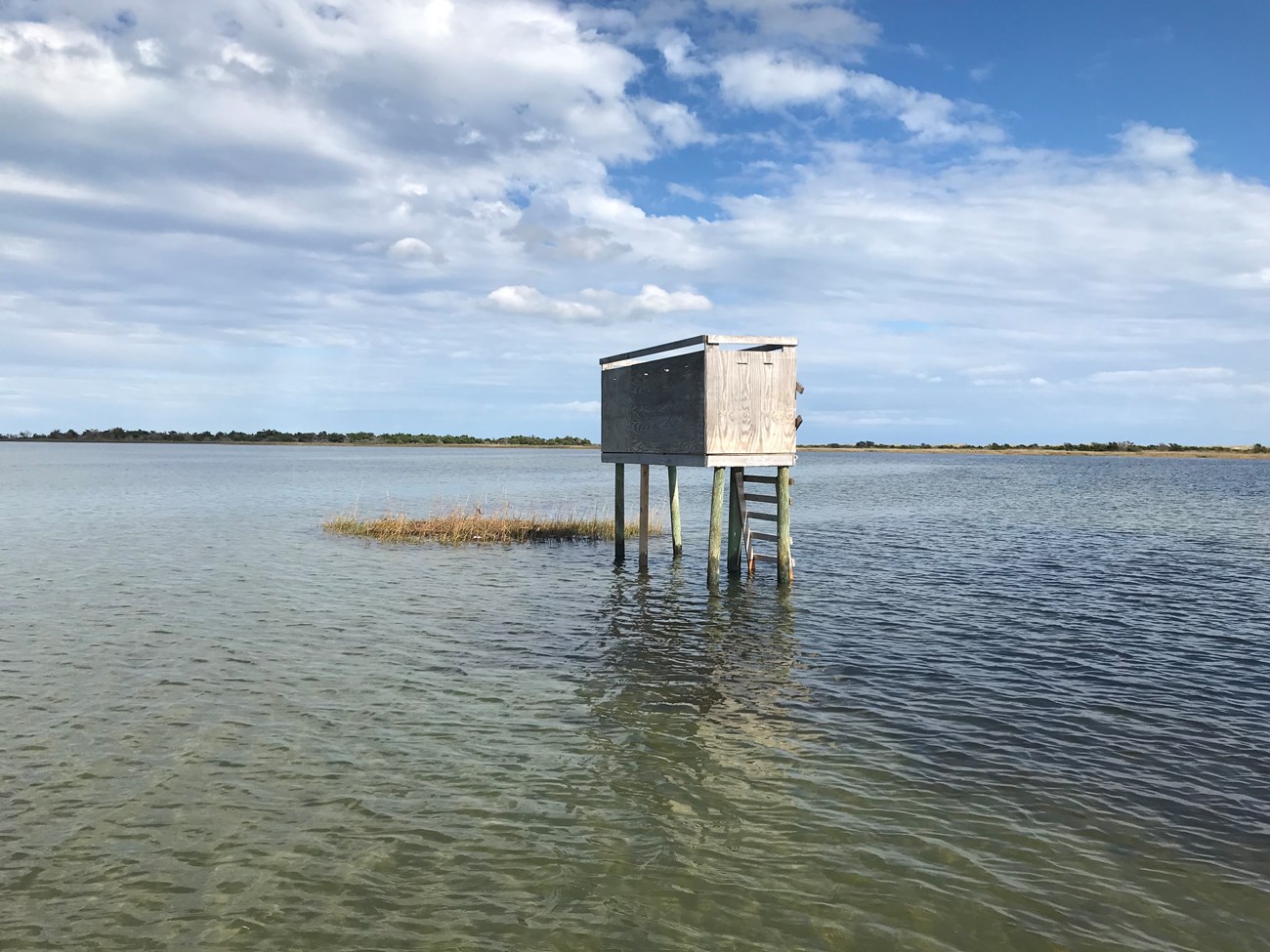 Duck blind built in the water. Blue sky filled with clouds behind it. Water and small patch of grass below it