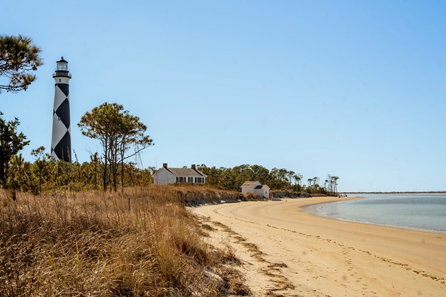 Cape Lookout Lighthouse on the left, with beach to the right. Blue sky in the background.