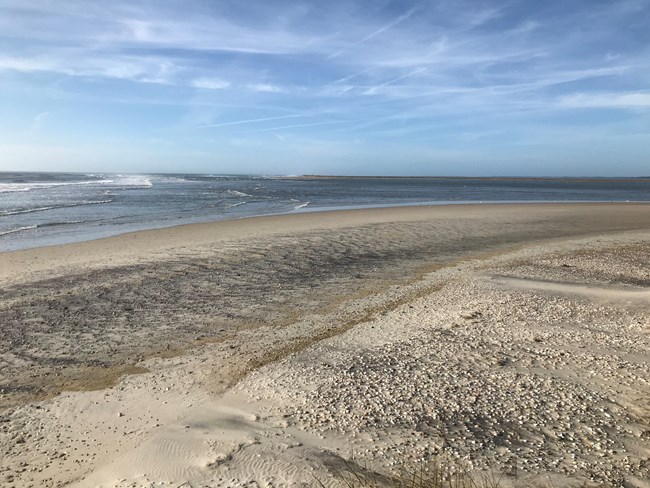 Sand beach will blue sky in the background