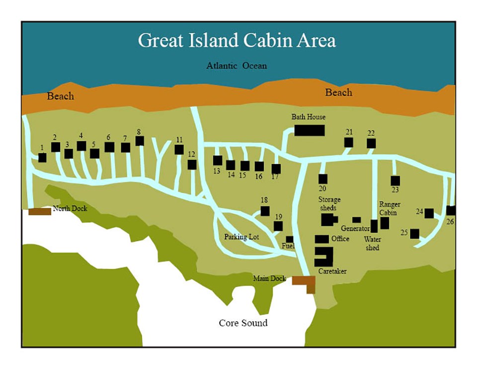 Map of Great Island Cabins showing cabin locations