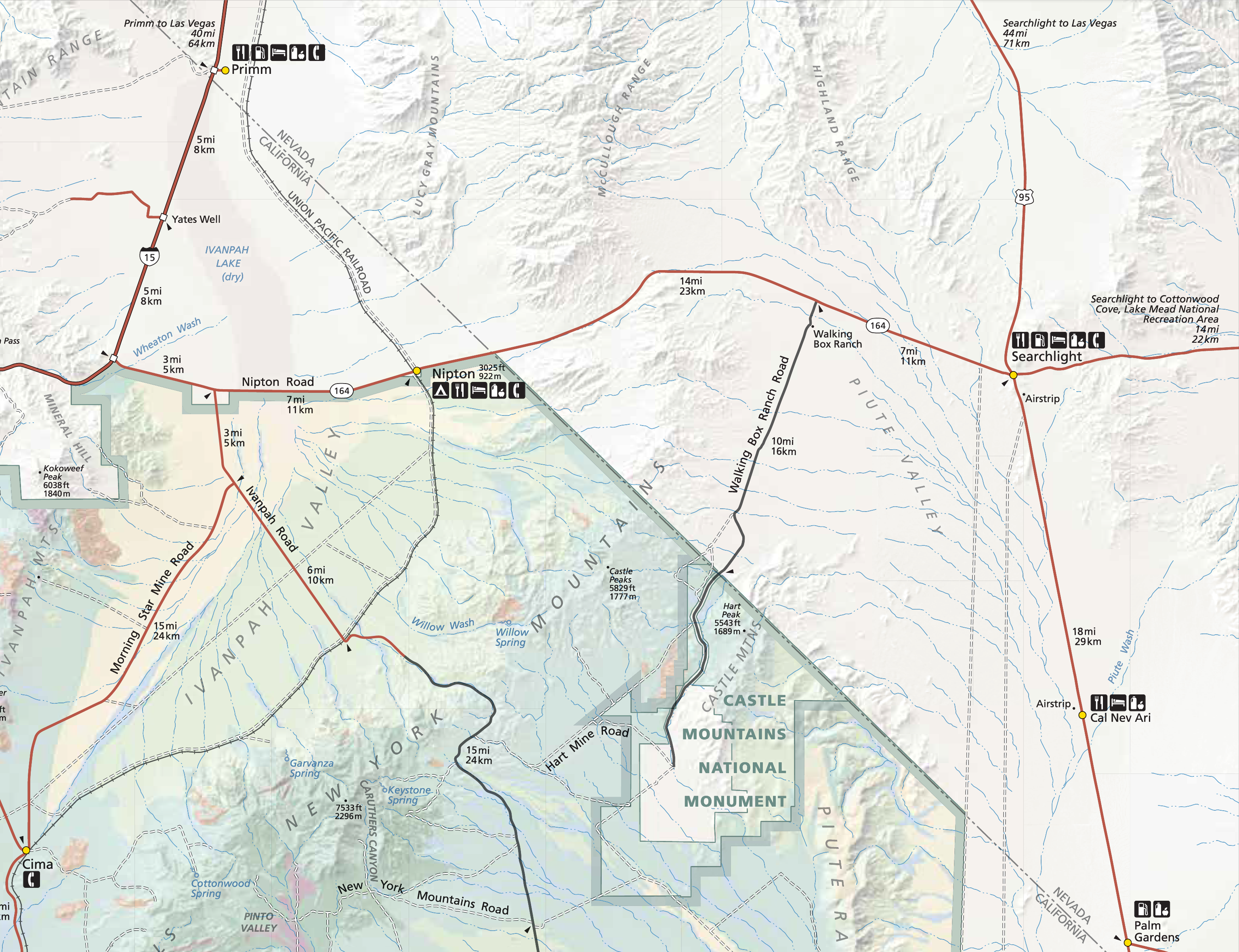 A section of the Mojave National Preserve Park Map showing Walking Box Ranch Road Entering Castle Mountain National Monument from Nevada State highway 164