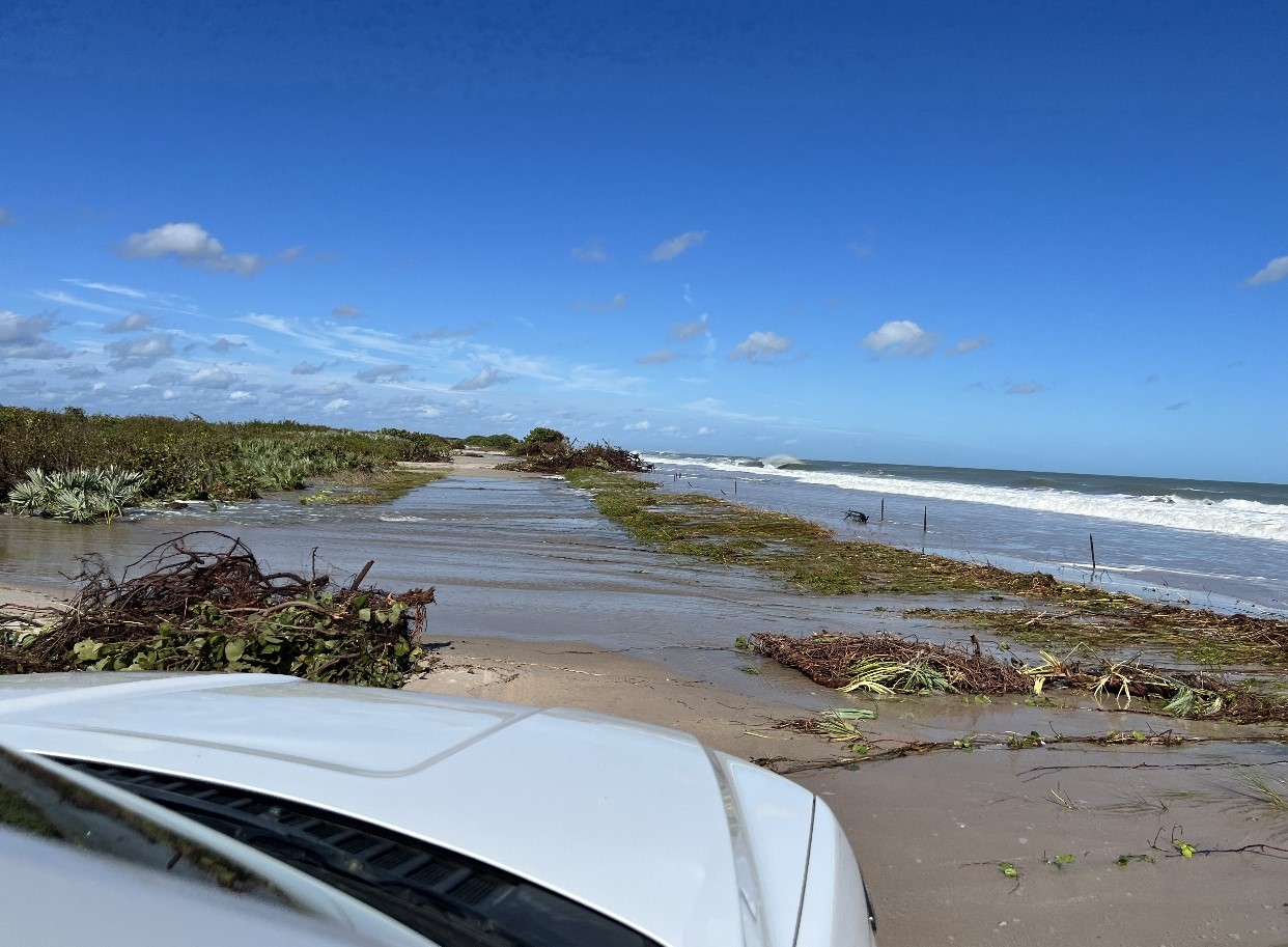 Sand washes over the Playalinda Beach roadway. Sand washes over the Playalinda Beach roadway.
