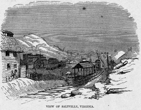 1865 sketch of a town that includes a railroad and various buildings in the foreground, and hills in the background.