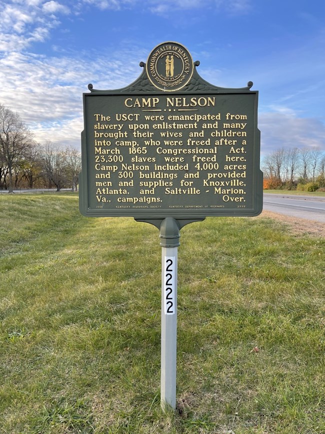 Green historic marker that describes African American soldiers and refugees at Camp Nelson during the Civil War. Grass and a paved road behind the sign.