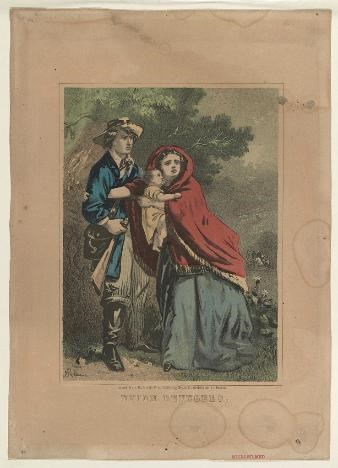 Civil War print of man, woman, and baby standing in the foreground with forest and men on horseback in the background.