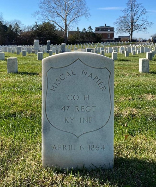 White gravestone for Hiscal Napier, Co H, 47th Regt KY Inf, April 6, 1864