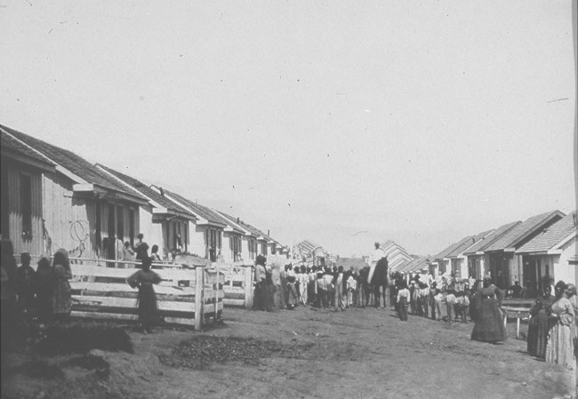 Two long rows of wooden duplex cottages with large crowd of people in between during the Civil War.