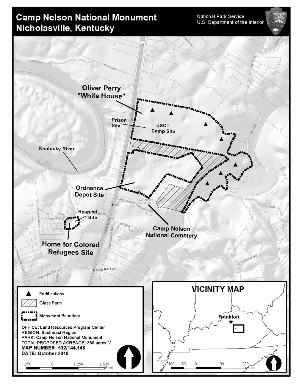 Map depicting location of Camp Nelson National Monument along Danville Road in Nicholasville, KY