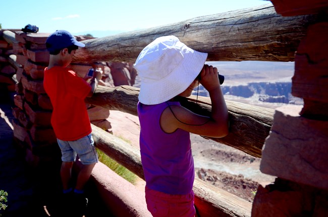 Two children use binoculars to look through a wooden fence next to an overlook.