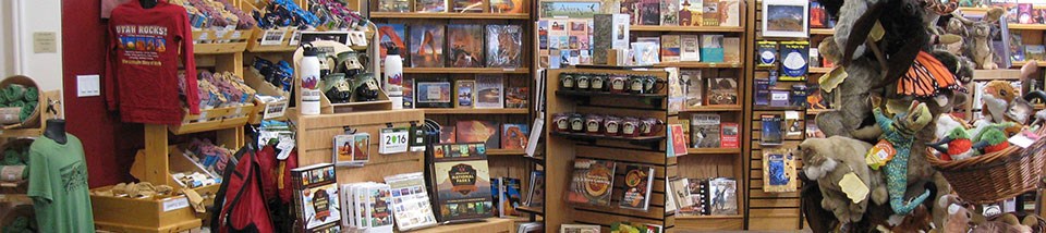 shelves with books, maps, and gifts