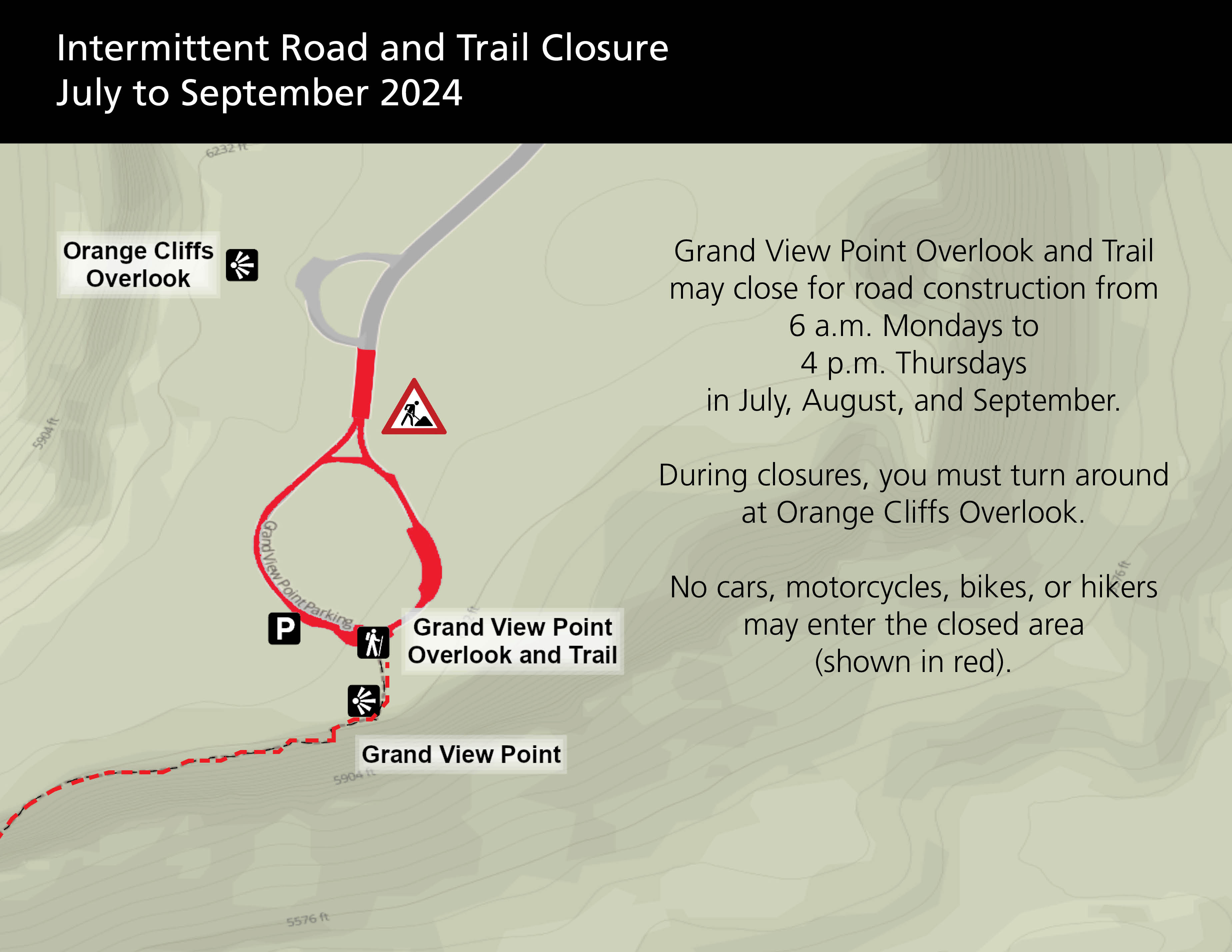 tan map showing park road and trail closure area marked in red, with black title bar at top tan map showing park road and trail closure area marked in red, with black title bar at top