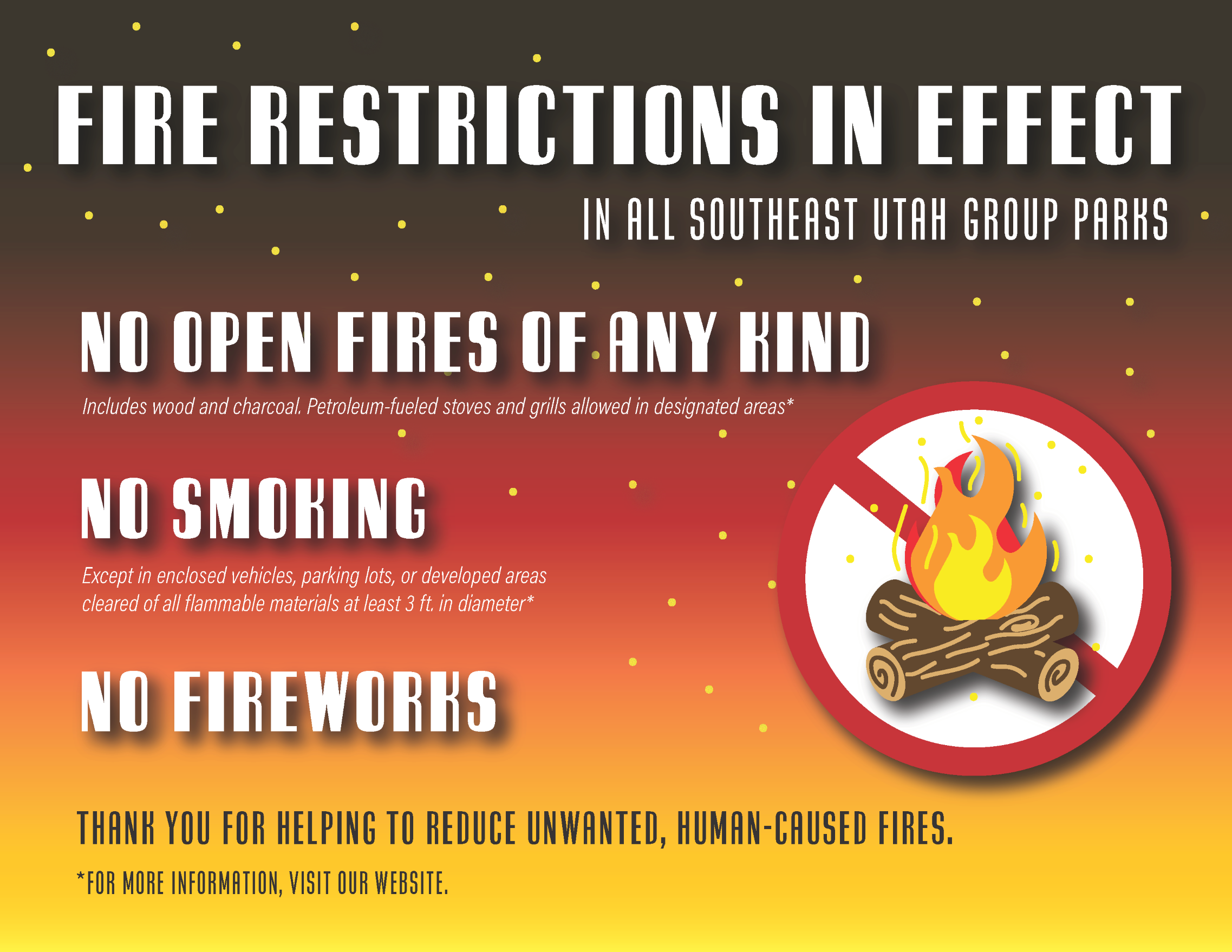 Black, red, orange, and yellow graphic features a prohibited campfire icon with embers. White and black text highlights current fire restrictions: no open fires of any kind, no smoking, and no fireworks. More information available on park websites.