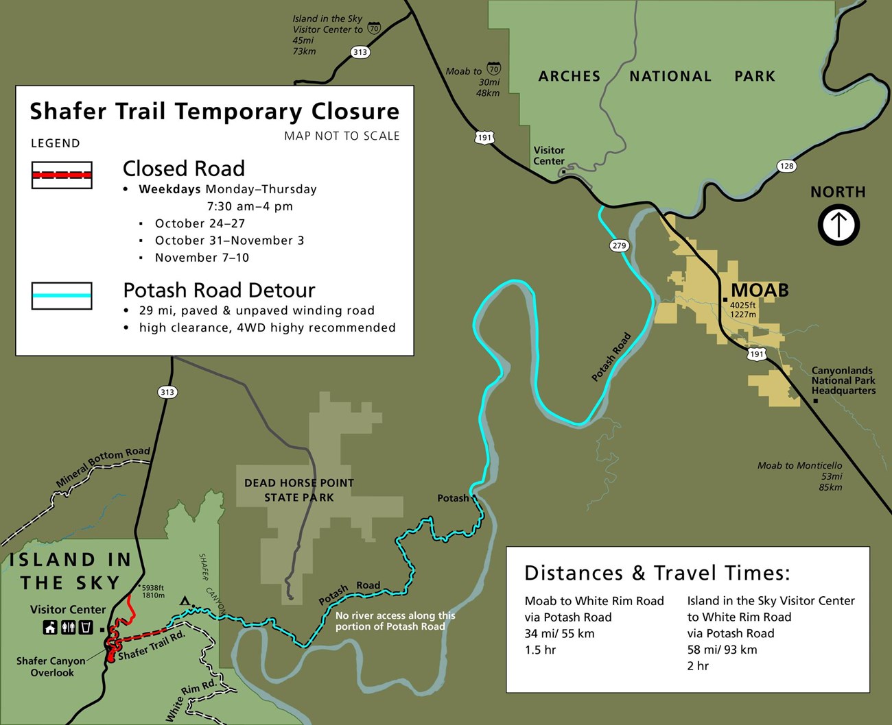 Shafer Trail Road Map A green and tan map with black and red lines illustrates the location of a temporary road closure.
