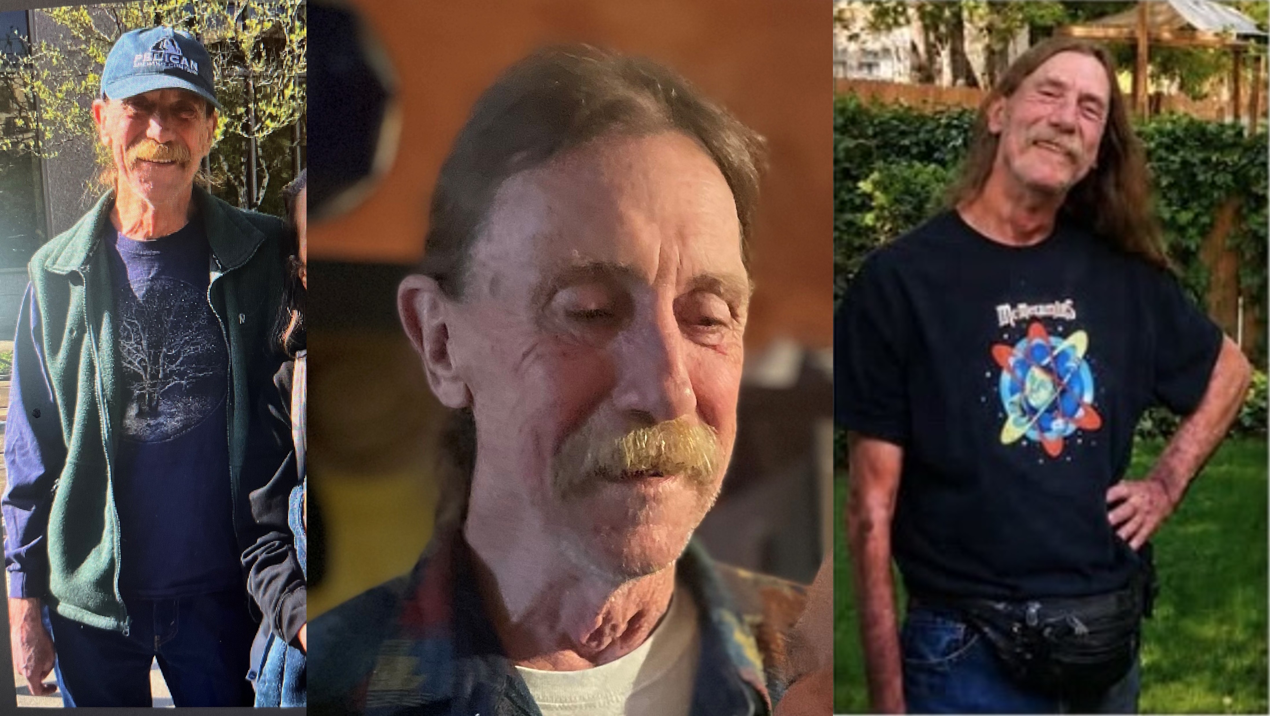 three images of an older white man with light brown moustache and long straight hair