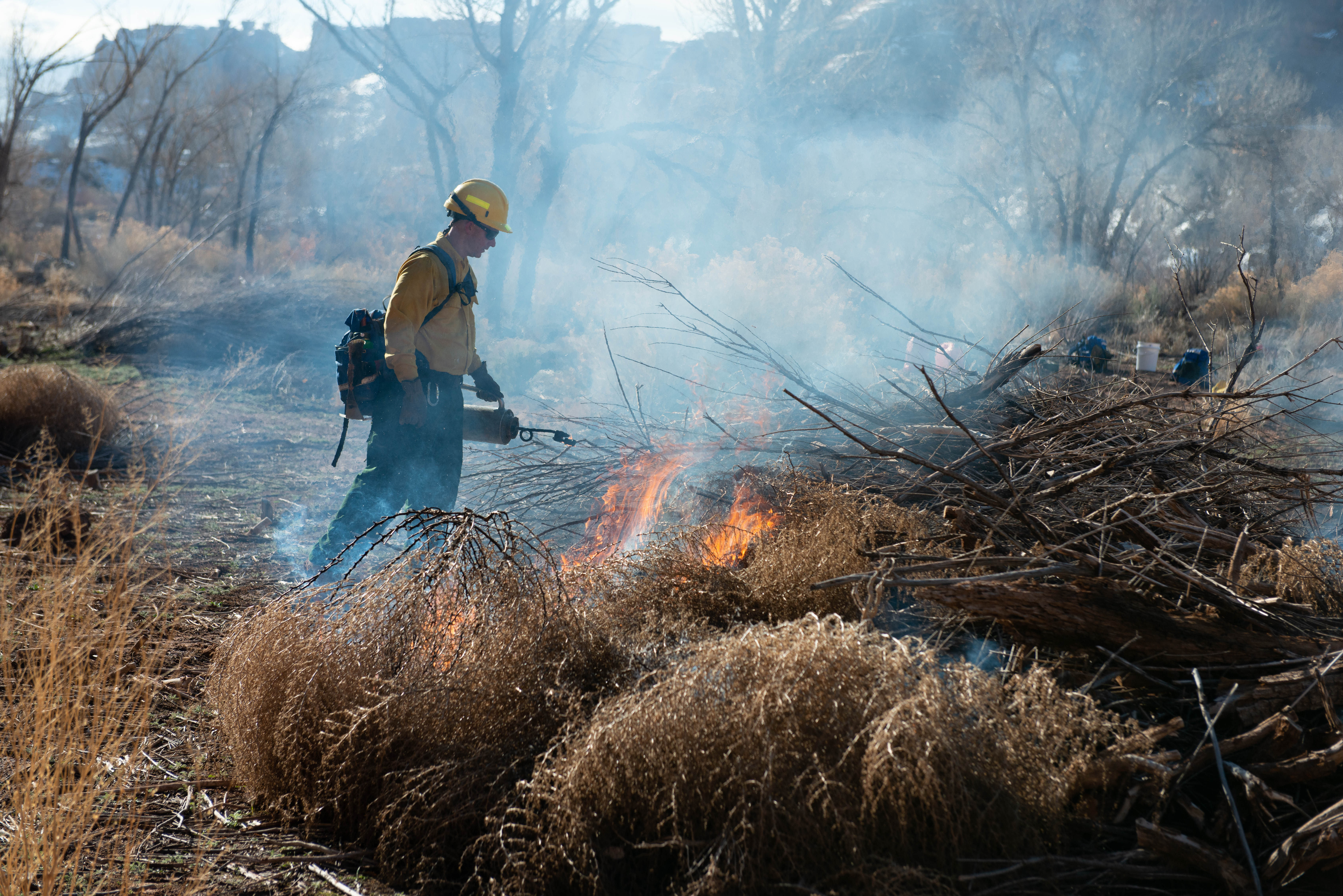 person in yellow hardhat and shirt uses drip torch to ignite pile of sticks and dead tumbleweed