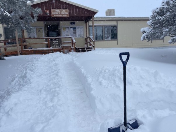 Ranger station with snow in front