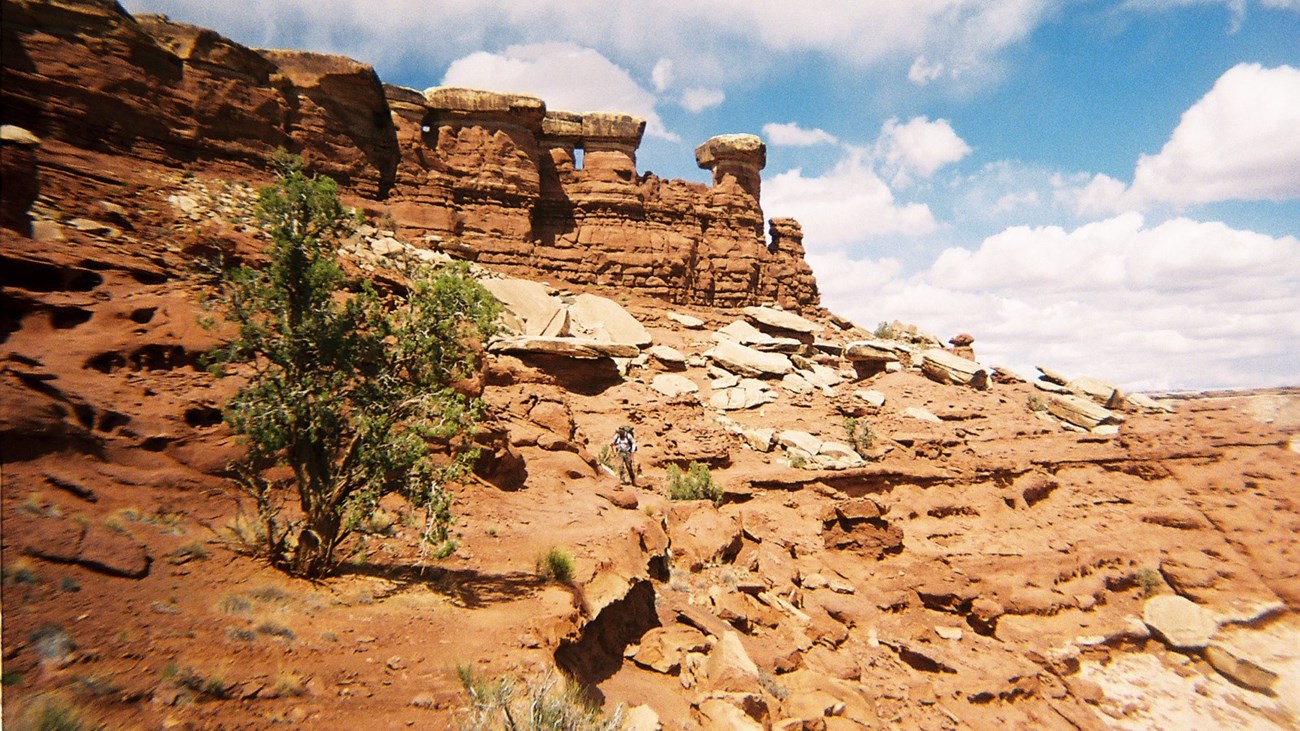 Backpacker descends route down on sandstone