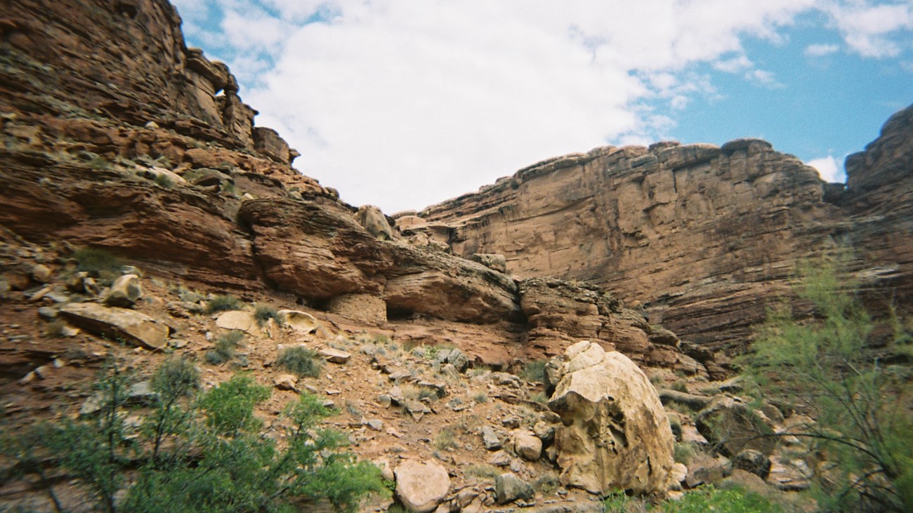 Ancestral Puebloan structures seen from a river