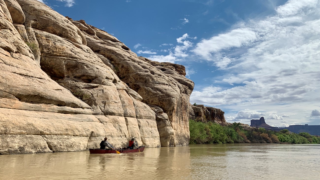 Two people paddle a canoe along a river