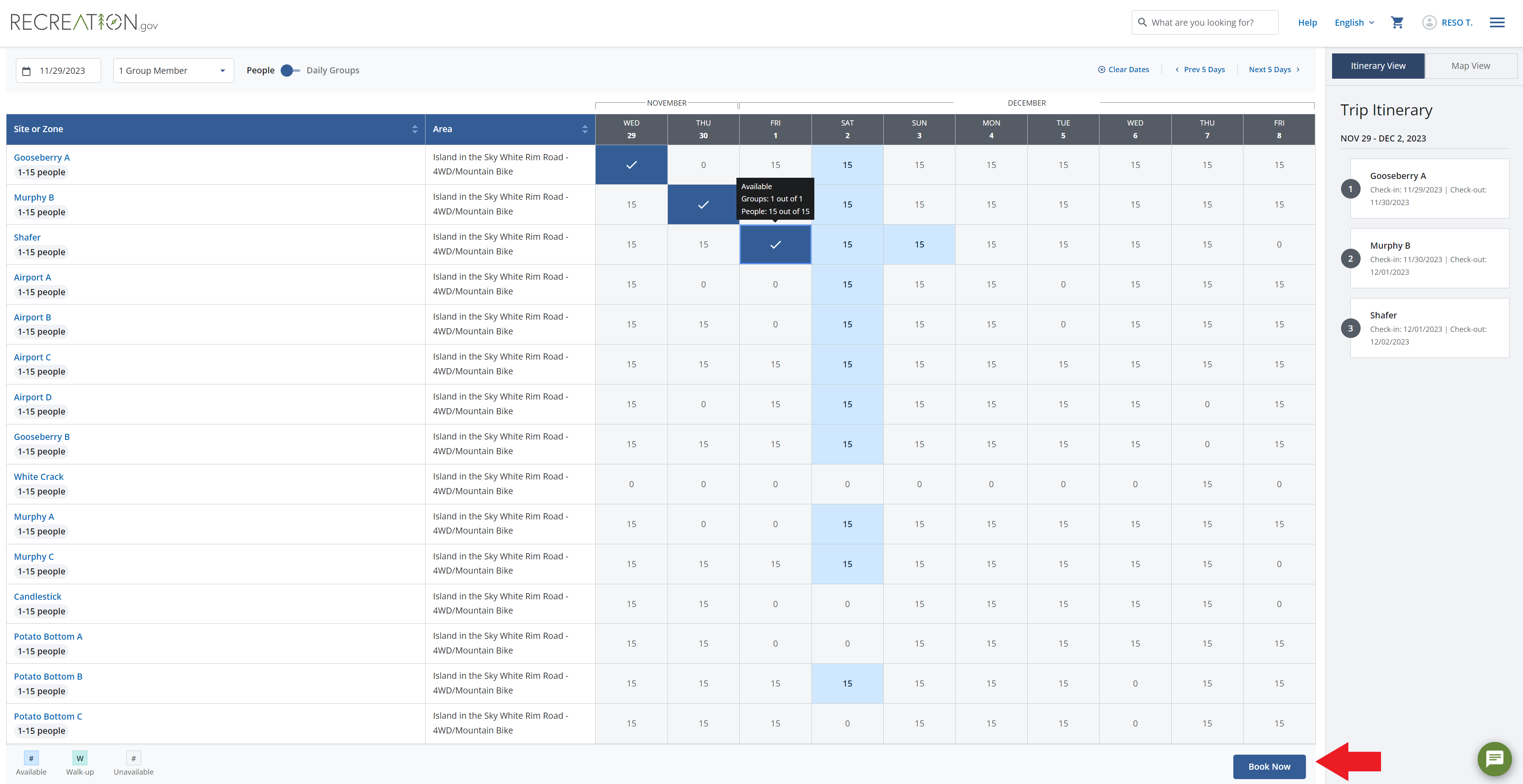 screenshot of booking rec.gov campsites