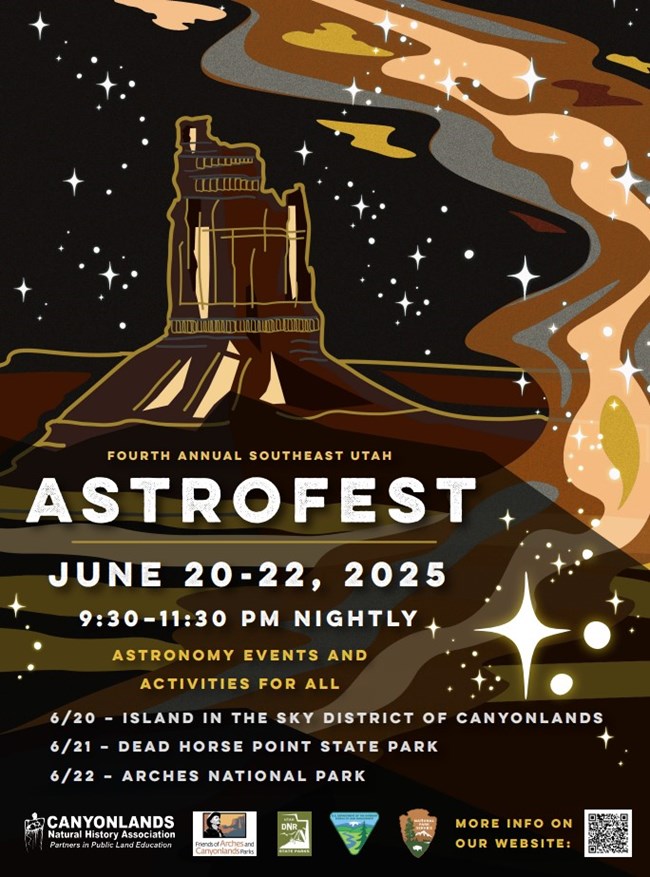 Graphic image of rock spire with milky way. Text states astrofest, June 20-22