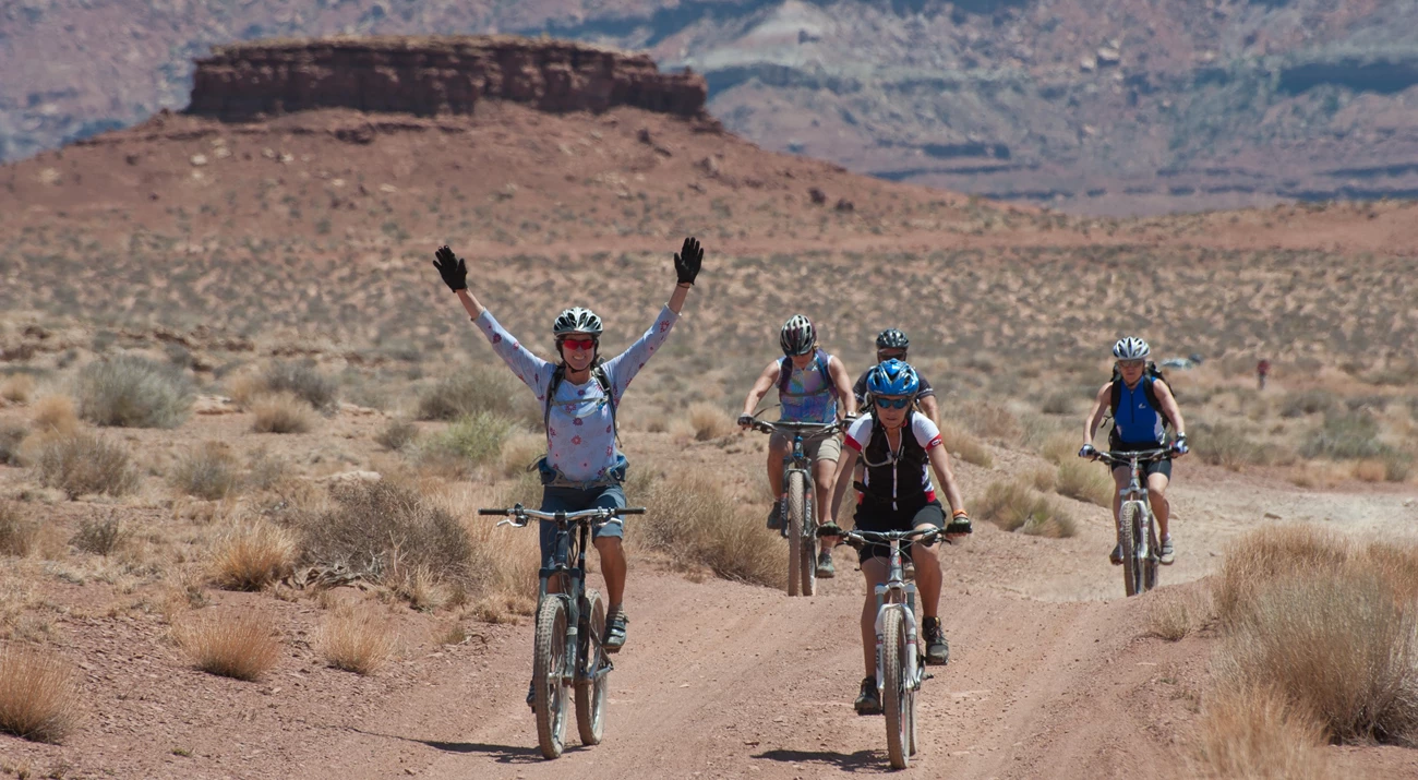 Mountain bikers on the White Rim Road Mountain bikers on a dirt road