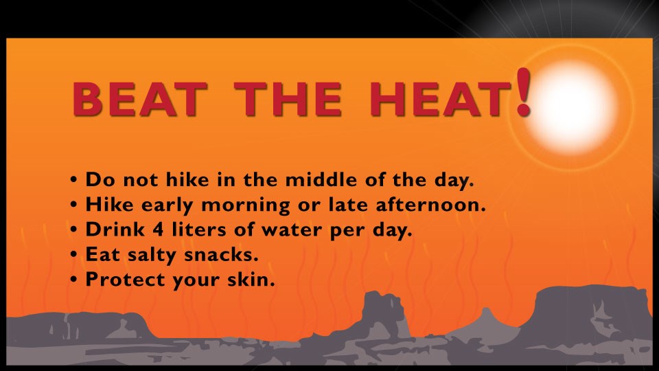 a graphic reads "Beat the Heat" and shows silhouettes of buttes. Heat safety tips are included.
