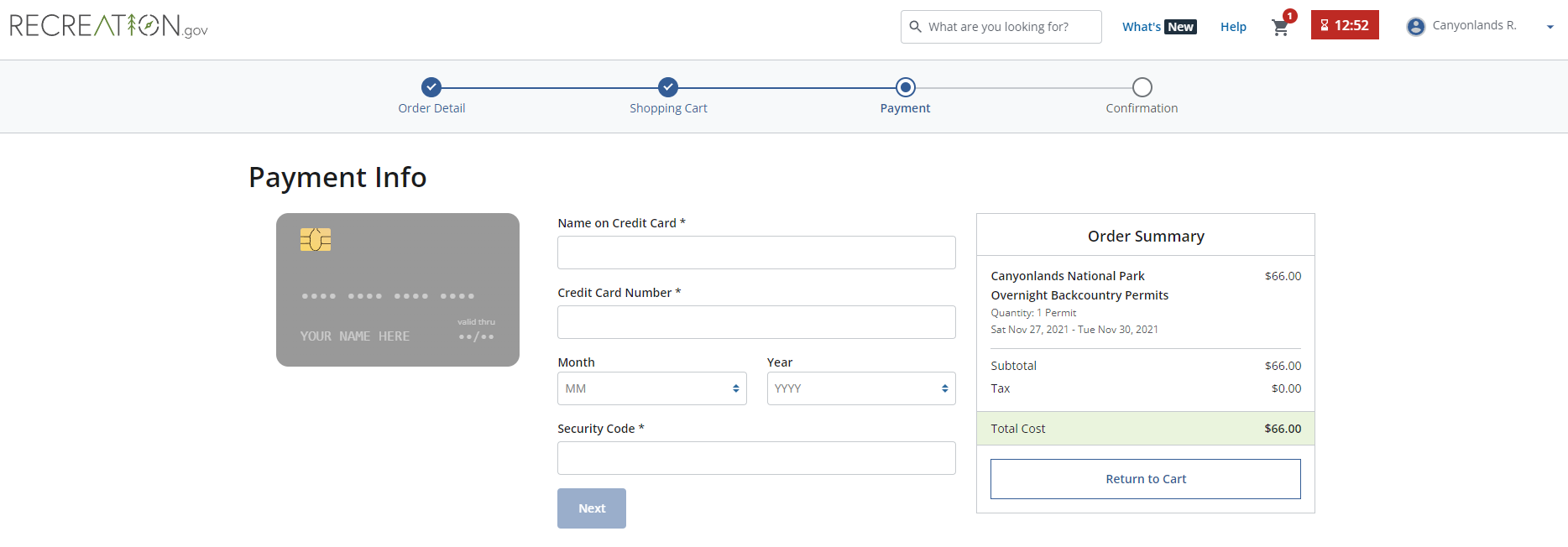 Payment information form page on Recreation.gov. A gray outline of a credit card and credit card information boxes are present