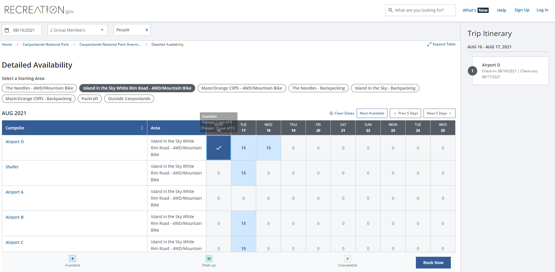 Screenshot of the calendar selection function on recreation.gov.  A dark blue checkmark appears for the selected site.