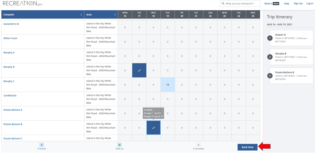 Blue and white Calendar function on Recreation.gov with 3 campsites selected. Red arrow points to the Book Now button to complete the transaction.