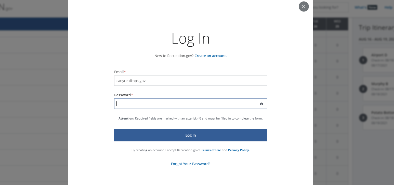 Screenshot of Log in homepage on Recreation.gov