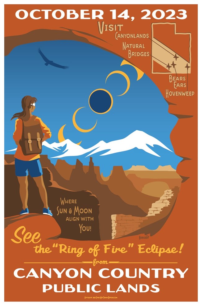 Graphic of a hiker watching the annular eclipse from an alcove across the desert and mountains.