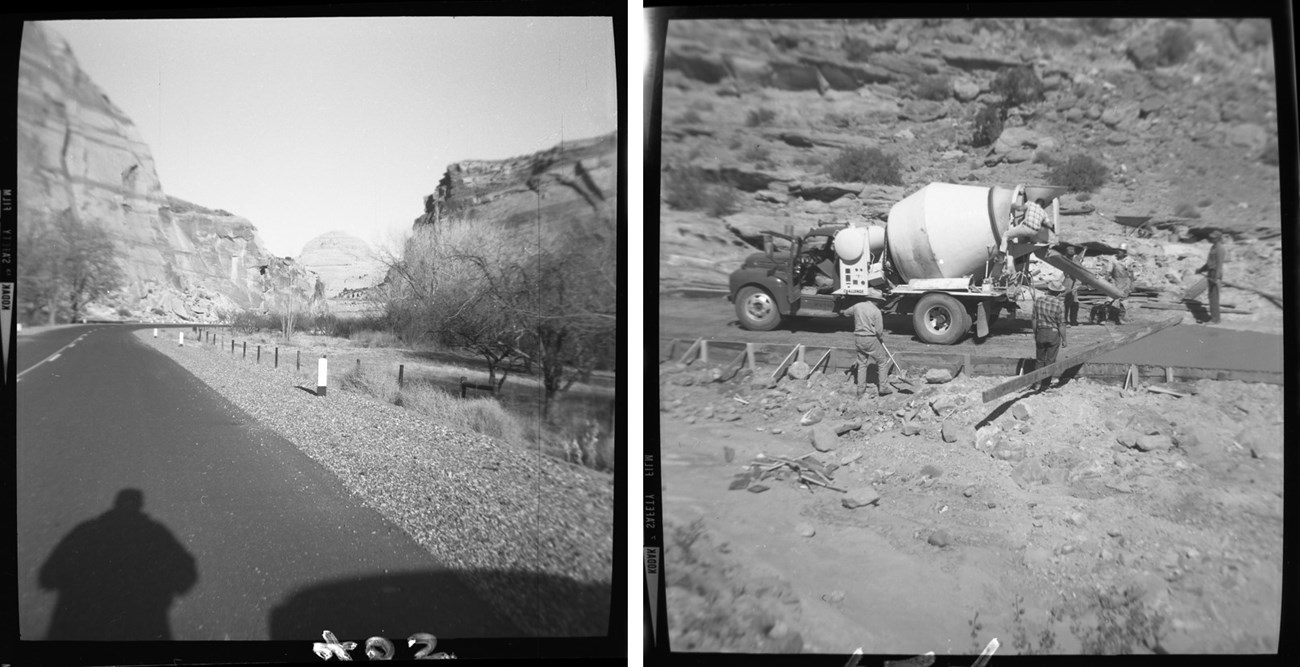 Two black and white photos: one of a freshly paved highway going through a canyon and the other of men pouring concrete from a cement truck into a narrow roadbed.