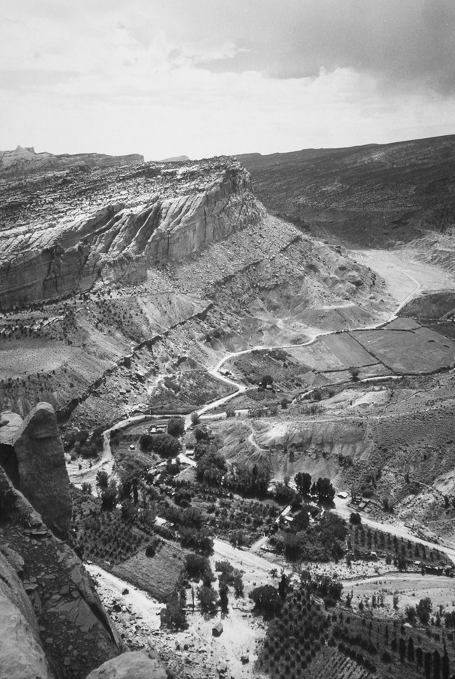 Black and white photo of valley filled with orchards surrounded by cliffs.