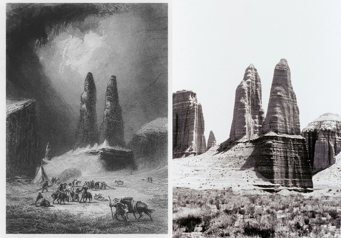 Cathedral Valley exploration comparison Two images: a black and white photo of two large triangular monoliths and cliffs. Second image: Pen and ink etching of men, horses, and the same two large triangular monoliths.