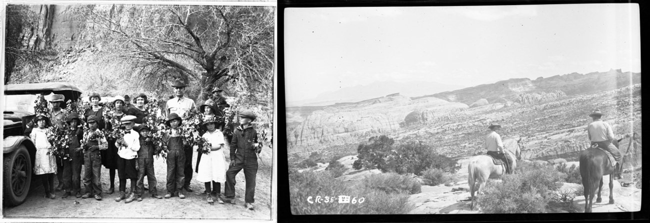 Two photos: first of children and adults with flower garlands, and then two people on horseback at the edge of a cliff.